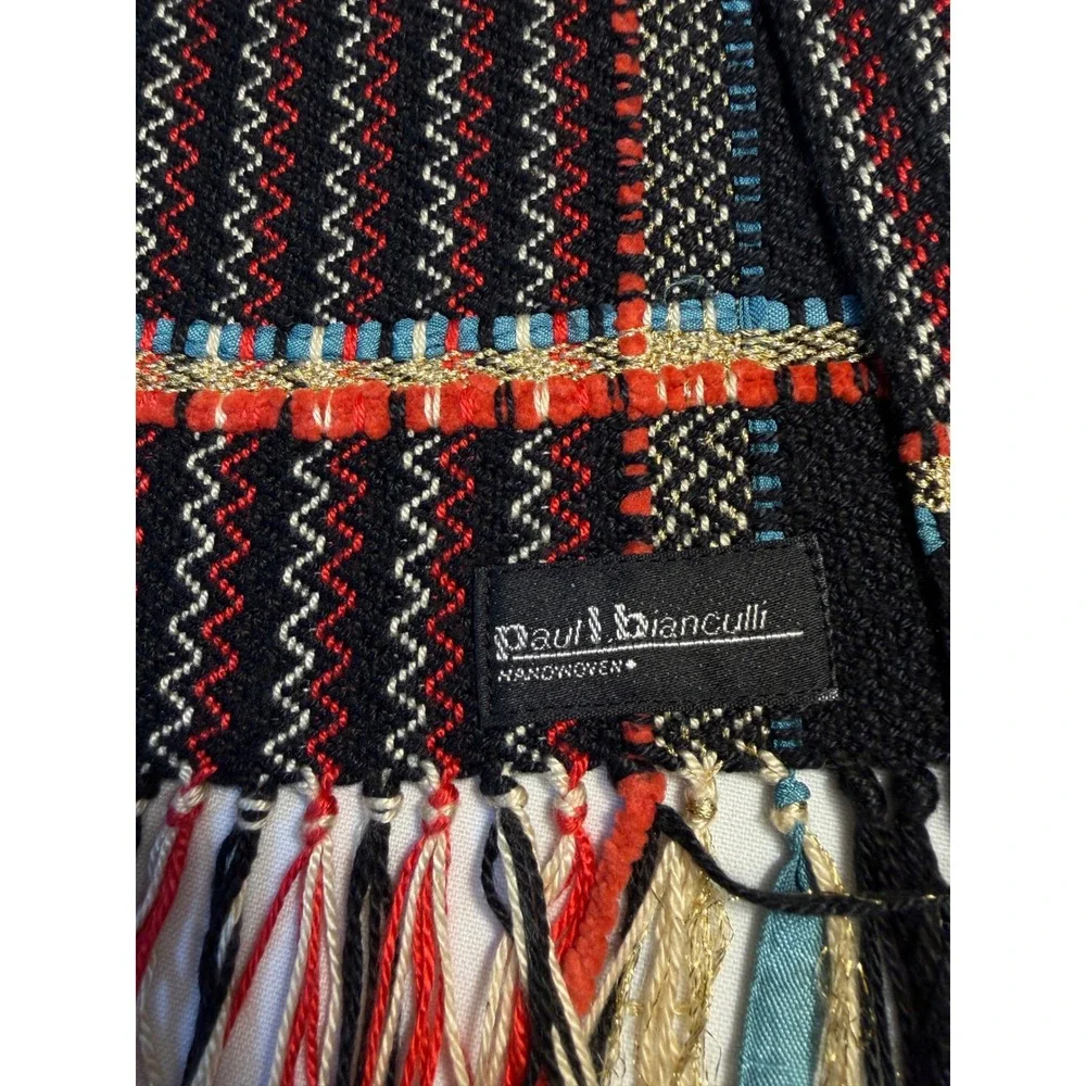 Paul Bianculli Handwoven Scarf  Multi color Striped‎ Fringe Artisan vintage